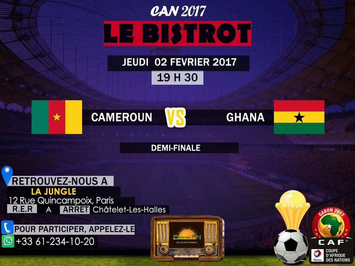 EbeneFm's tweet photo. A vos pronostics!!
LIKE pr le Ghana / RT pr le Cameroun
#CAN2017 #CAMGHA #BUREGY #Cameroun #Ghana #Burkina #Egypte #EbeneFM #LeBistrot https://t.co/ujodr6j5fT