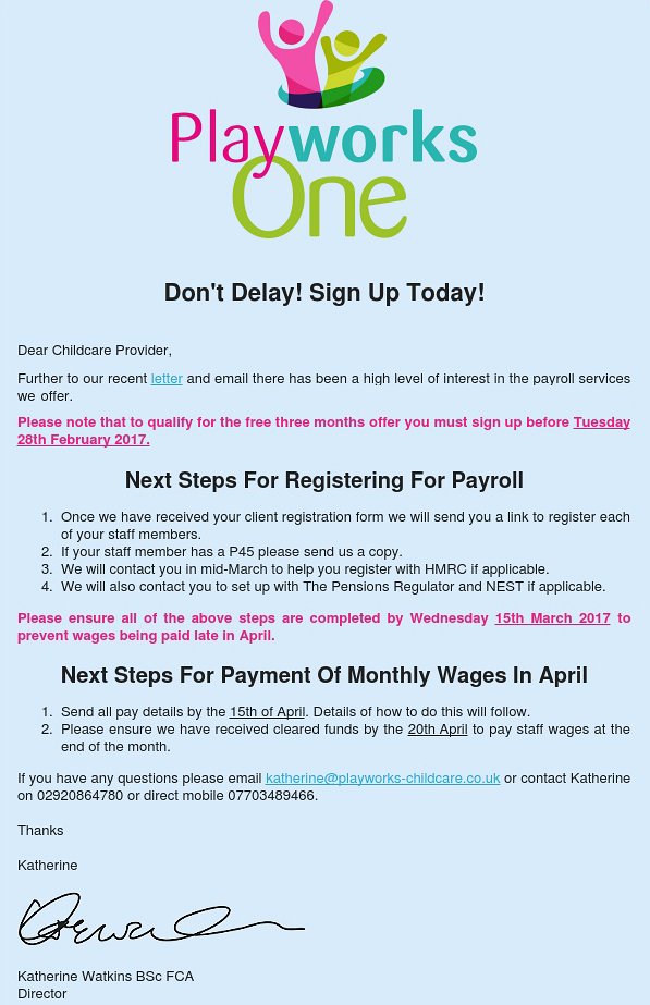 PlayworksOne's tweet photo. Get payroll services for free for 3 months if you sign up before 28th February 2017! Call 02920 864780 for more info https://t.co/knrPcbsHWy https://t.co/NL7RqV8Cbc