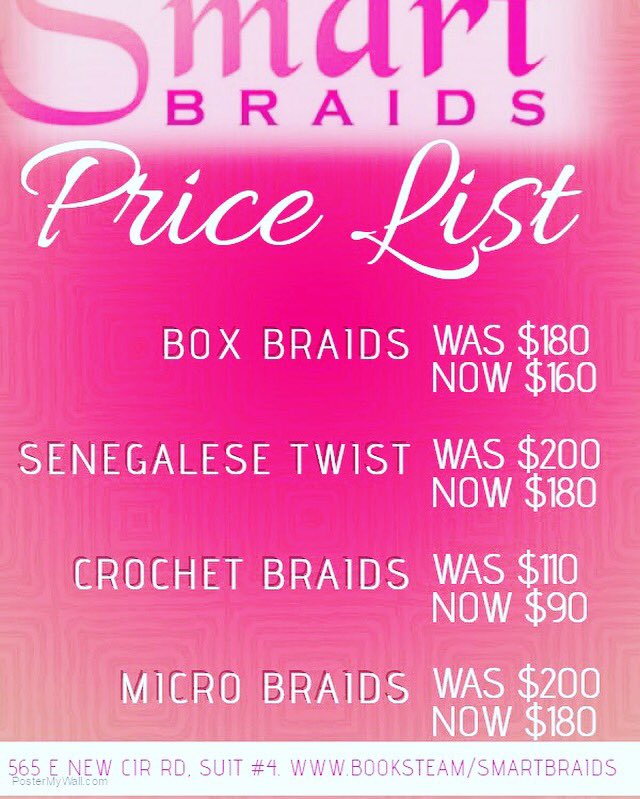 SmartBraids's tweet image. $20 OFF BOX BRAIDS, $20 OFF KINKY TWIST, $20 OFF SENEGALESE TWIST ,$20 OFF MICRO BRAIDS $20 OFF CROCHET