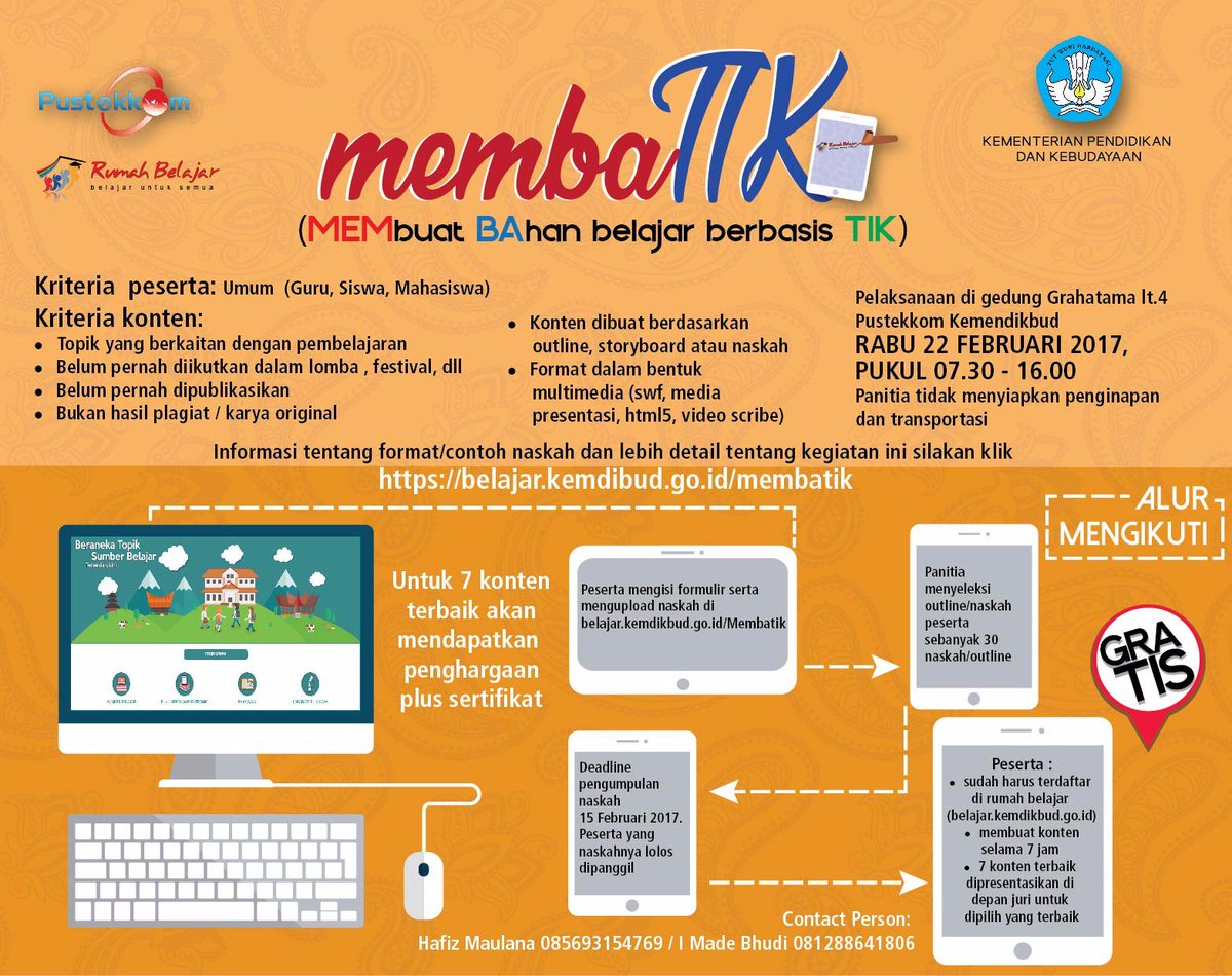 pusdatin_dasmen's tweet photo. Ayo ikutan membaTIK, lomba membuat bahan belajar berbasis TIK! Terbuka utk guru, siswa &amp; mhsw. Info lebih lanjut di https://t.co/8QohDv3Xm4 https://t.co/tQgaz9OrQj