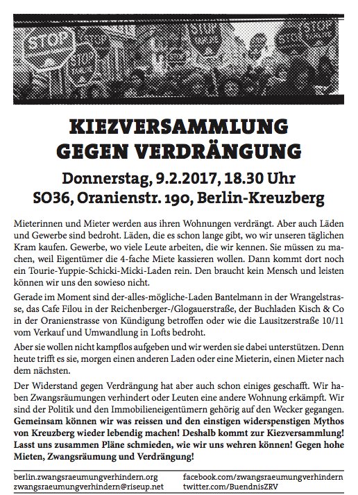 BuendnisZRV's tweet image. Verdrängungswelle in 36! Kiezversammlung für #Lausebleibt, #KischCo, #Bantelmann und #CafeFilou im @so36berlin! 9.2. | 18.30Uhr | O-Str. 190