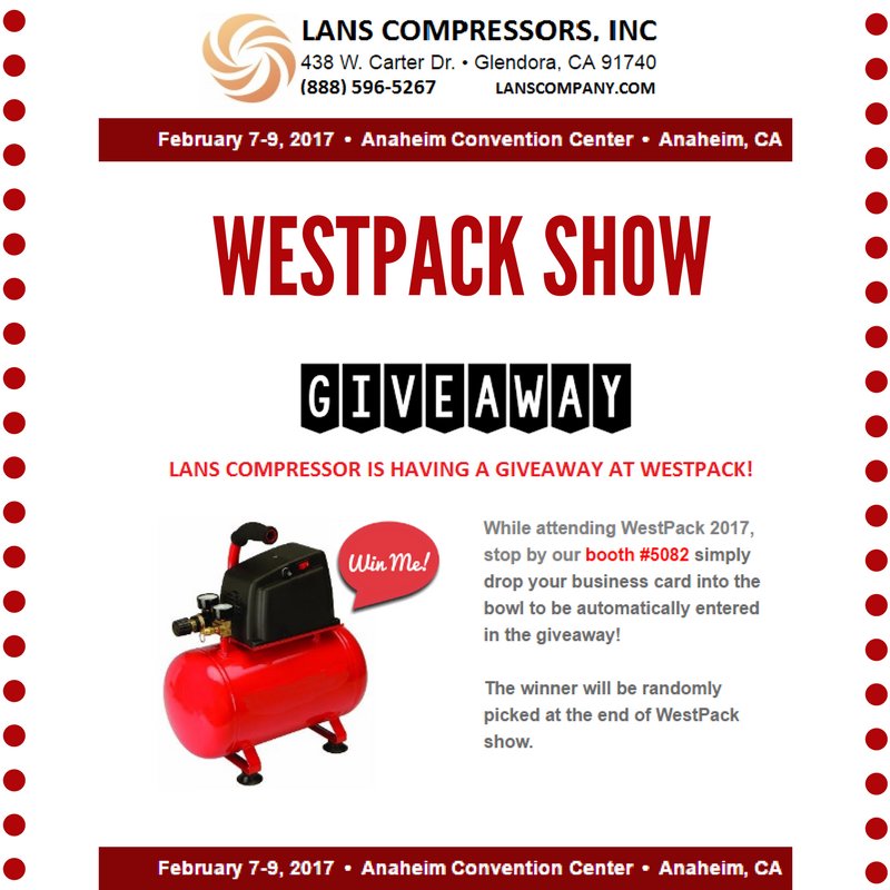 SoCalCompressor's tweet image. LANSCOMPANY.COM WILL BE A #WESTPACK 2017 FEB, 7-9! BOOTH #5082 FOR A FREE EXPO BADGE REGISTER HERE:westpackshow.com/invite