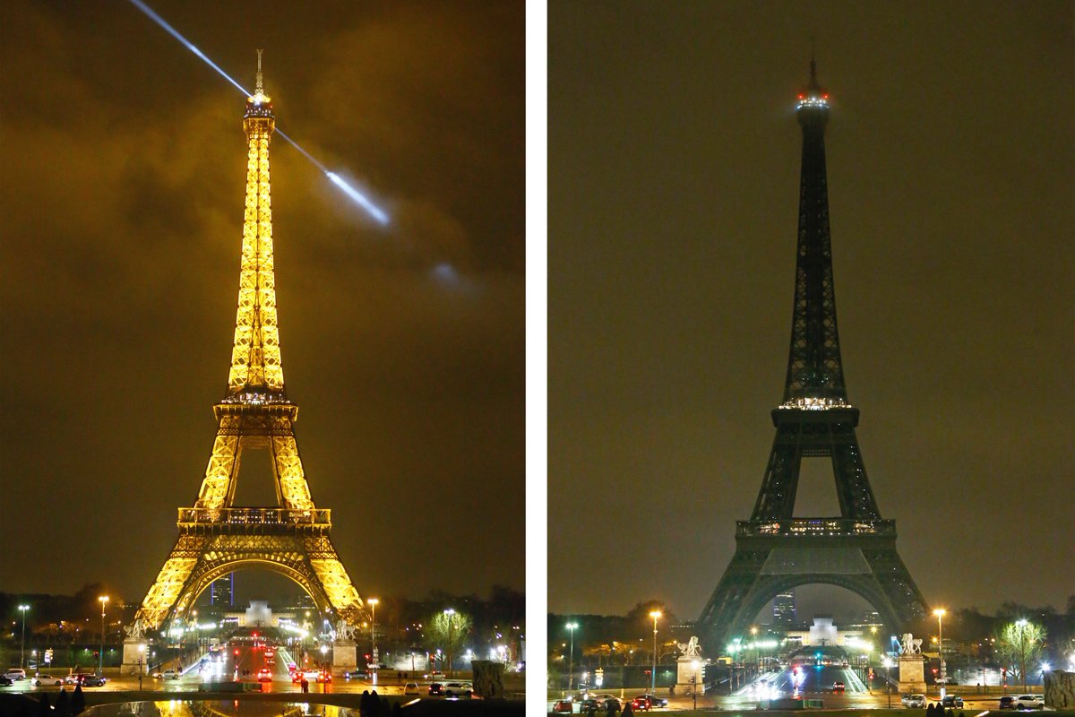 BuzzFeedCanada's tweet image. The Eiffel Tower is switched off just after midnight in memory of the victims of the attack in Quebec. (📷: AP Photo/Francois Mori)