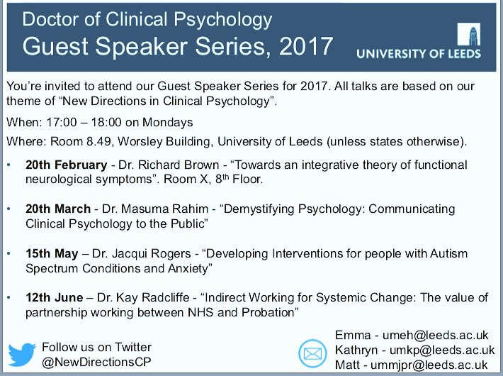 More guest speaker series dates released on theme of 'New directions in Clinical Psychology'. Free to all. <a href="/NewdirectionsCP/">Clin Psych Talks</a>