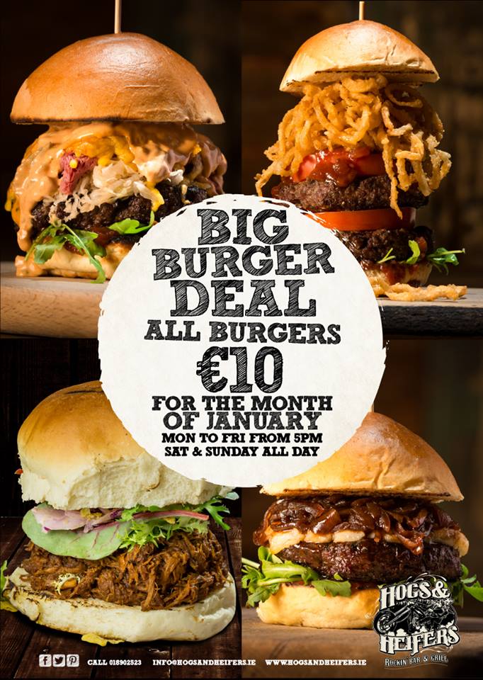 Hogs_Heifers's tweet photo. BIG BURGER DEAL IS BACK All burgers €10 Mon-Fri from 5pm + All day Sat &amp; Sun! #HogsandHeifers https://t.co/KViVYAjV7v