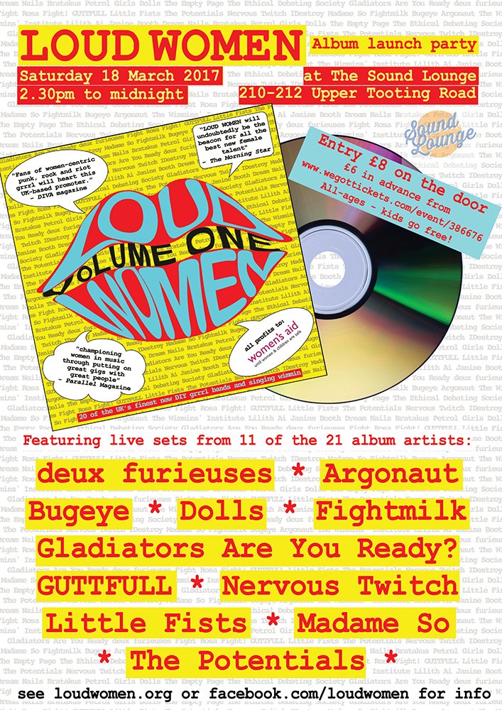 18 March at @soundloungesw17 - our album launch! 13 acts, inc@GUTTFULL    <a href="/JanineBooth/">Janine Booth</a> <a href="/littlefistsband/">Little Fists</a> ow.ly/8d77308rxGo