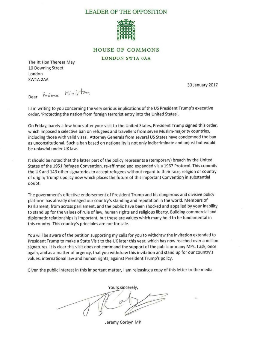 thesignalng's tweet image. FLASH | UK opposition leader @jeremycorbyn writes @theresa_may opposing Trump #MuslimBan
