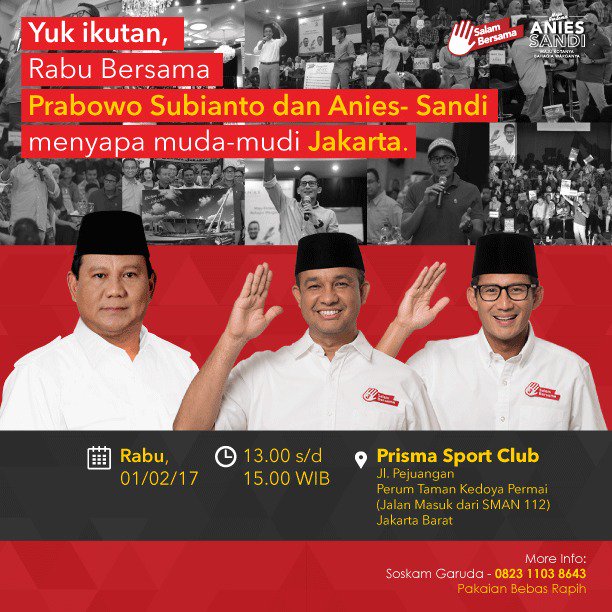 Yang merasa muda kaya saya yuk datang ke acara #RabuBersama. Ada Pak <a href="/prabowo/">Prabowo Subianto</a> loh.. yg ngefans mana suaranya??? #SalamBersama