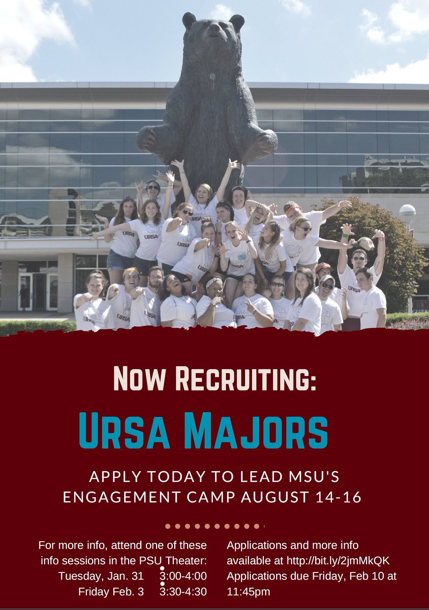 BearsFamilies's tweet photo. #BeAMajor for @MSUursa 2017! Stop by the Info session today, 3-4pm in the @MSU_PSU theatre! Chat with former Majors! Ask questions! @MSUsoar https://t.co/enoFqD2yCj