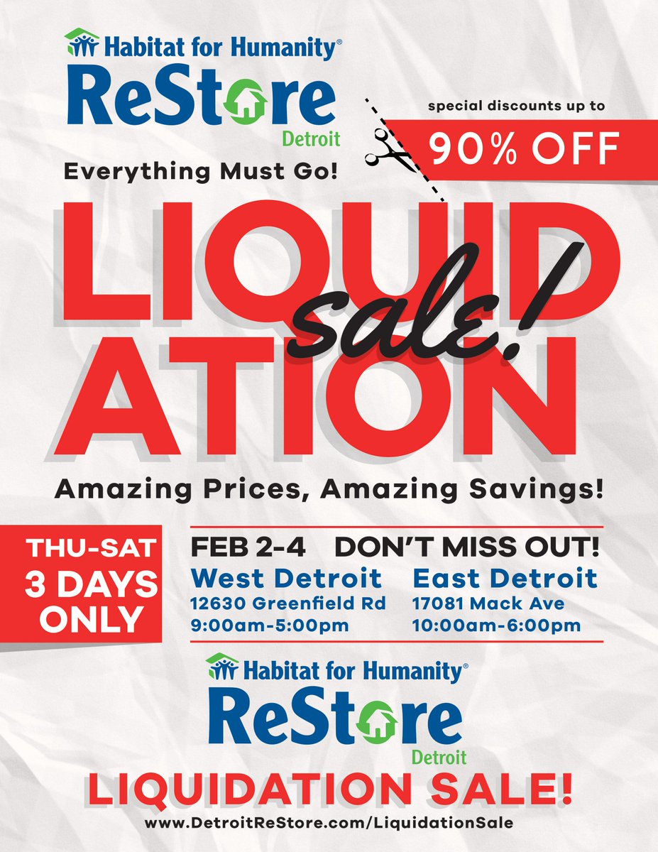 DetroitReStore's tweet photo. Thanks to your support, we are opening for 3 DAYS ONLY! Visit THIS Thurs. Fri. &amp; Sat for #savings up to 90% OFF during our #LiquidationSale https://t.co/VzDvIpSjV3