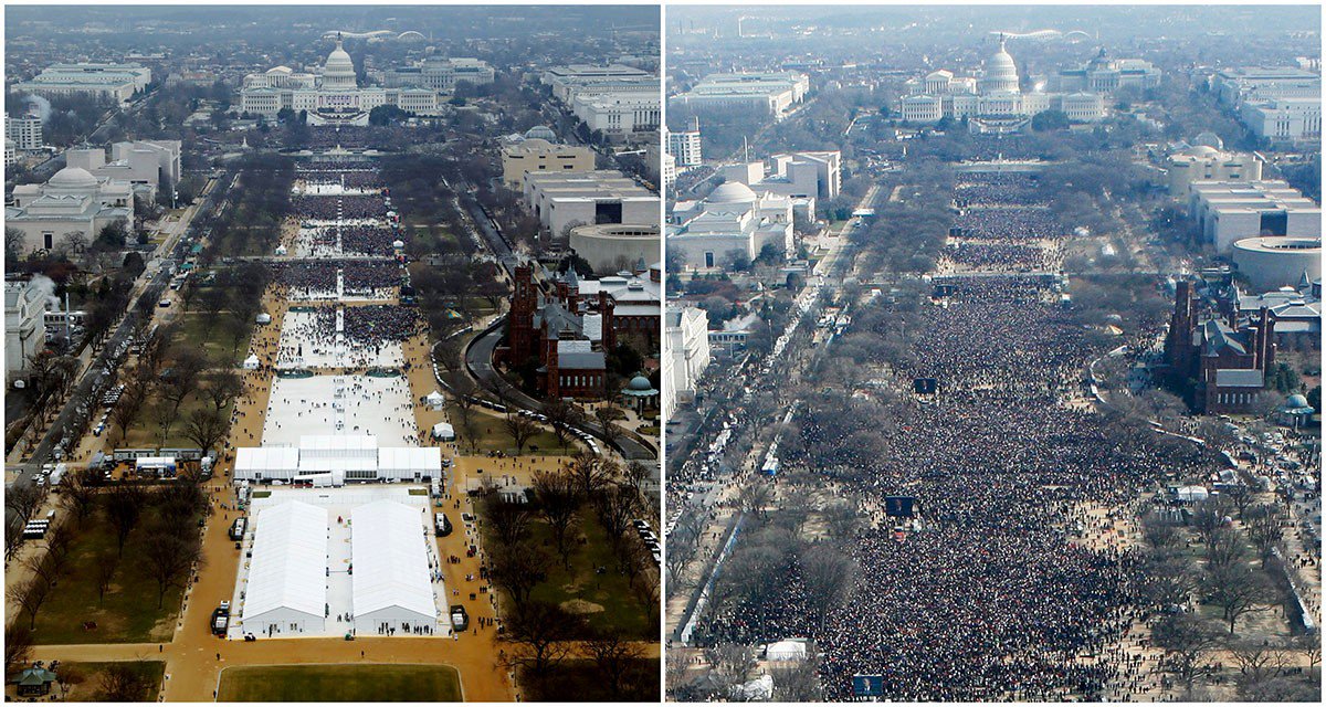 Slate's tweet image. Trump supporters think his crowds are bigger even when looking at photos. Here’s why: slate.me/2kNJXbD