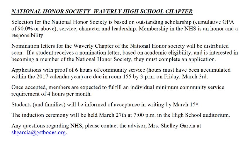 HS- National Honor Society Information attached- see Mrs. Garcia in Room 155 with questions