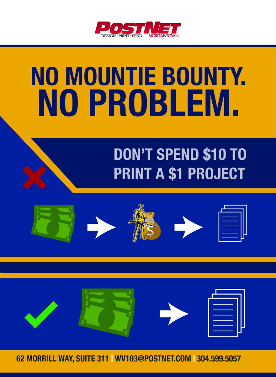 PostNetMotown's tweet image. Hey WVU students, no Mounty Bounty? No Problem! Come visit us at Postnet for your prints and save some cash for groceries or books.