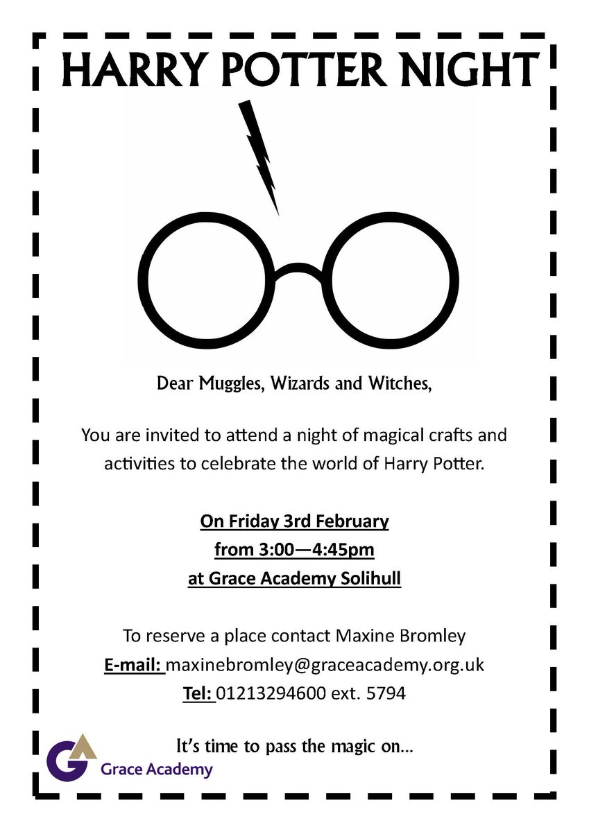 GASolihull's tweet photo. HARRY POTTER NIGHT! 
Join us on Friday 3rd February from 3:00 - 4:45pm at Grace Academy Solihull for a truly magical night! https://t.co/cH2OA8a7O9