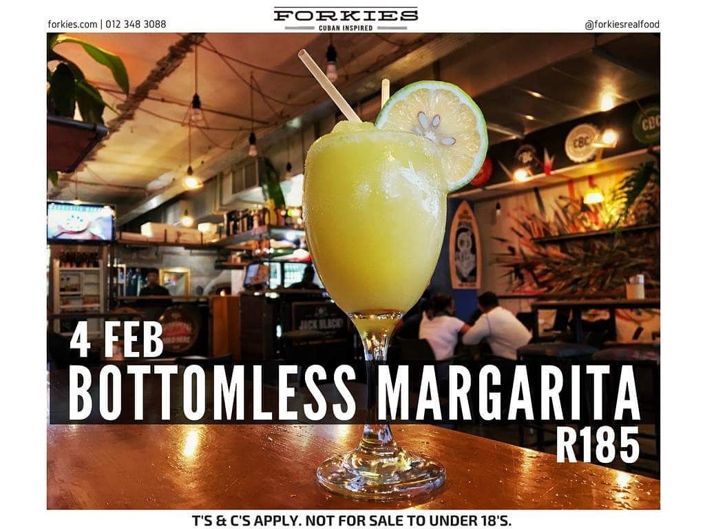 Bottomless Margarita Day!
Saturday 4 Feb.
R185

_____
T's &amp; C's apply

#ForkiesRealFood