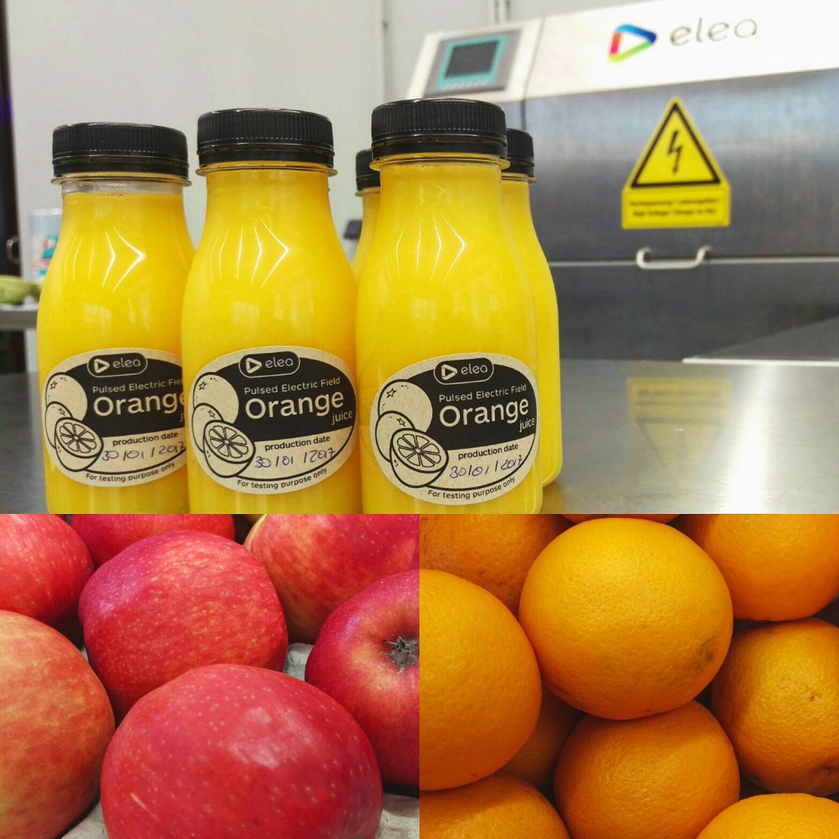 Elea_Technology's tweet photo. Trials with #coldpressedjuice in the #Elea pilot hall. #HealthyFood #neverheated #EleaPEF #orangejuice #applejuice #PulsedElectricFields https://t.co/sFYEtoEyEy