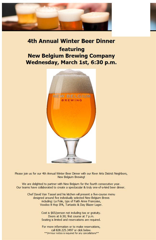 4th Annual #BeerDinner w/ @NewBelgium_Avl is 3/1! Book now! #avleat #avlbeer #avlrad  bit.ly/2k5ToQw