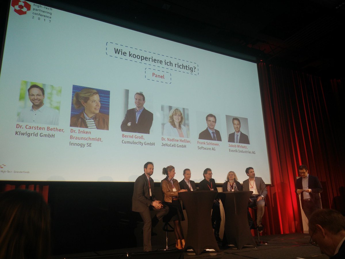 HTGF's tweet photo. Next panel at #HTPC2017: How to cooperate the right way? @innogy @Kiwigrid @Cumulocity @SoftwareAG @Evonik & JeNaCell GmbH https://t.co/SDtmFmX4tg