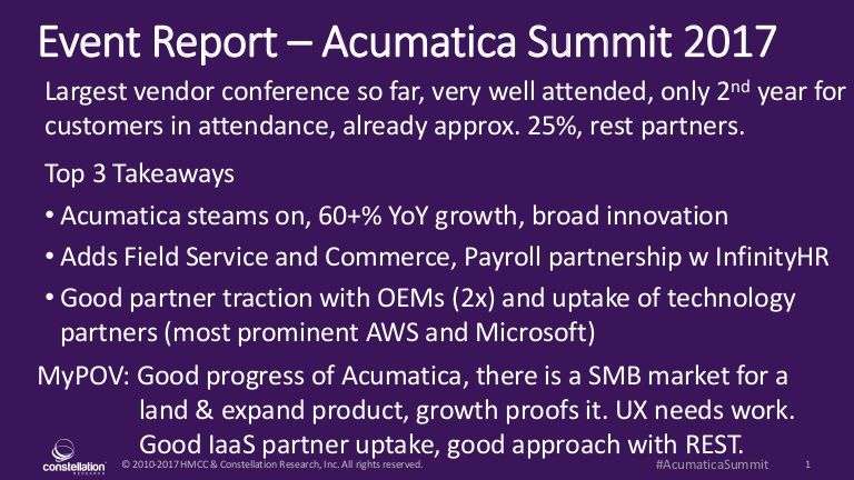 holgermu's tweet photo. [1SlideUpdate] - Event Report - Acumatica Summit 2017 https://t.co/ipdy6KW6RE #AcumaticaSummit2017 #NextGenERP https://t.co/zPUjGjARt2