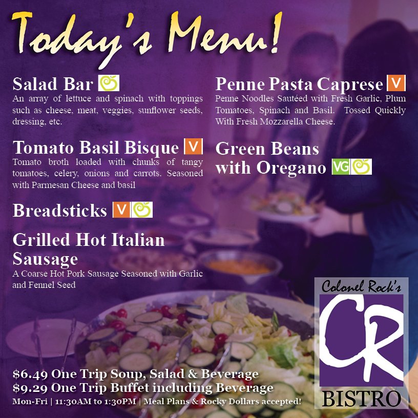Skip the long lines by eating at the CR Bistro! Check out today's menu and head over to the <a href="/WIUUnion/">WIU University Union</a>! #WIUDining