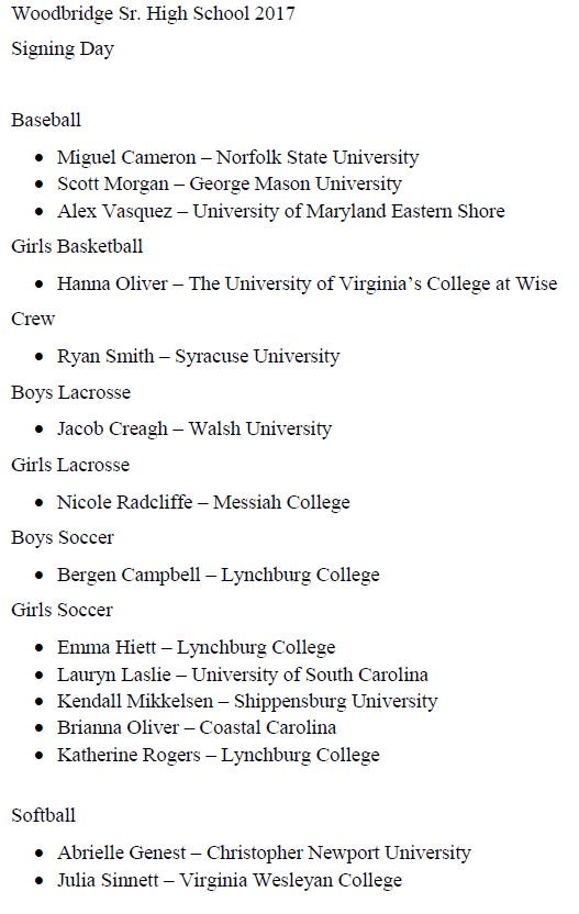 AthleticsWshs's tweet photo. Here is the full list of all the students who will be signing there NLI tomorrow at 2:20 in the auditorium.  #signingday https://t.co/XEknnYtAw7