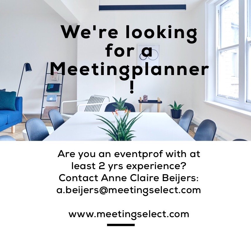 Meetingselect's tweet photo. We're hiring! Are you an #eventprof looking for a new challenge? Join our team in Naarden, the NLs. #JobVacancy #eventjobs #meetingplanner https://t.co/GgP5d7s4Eh