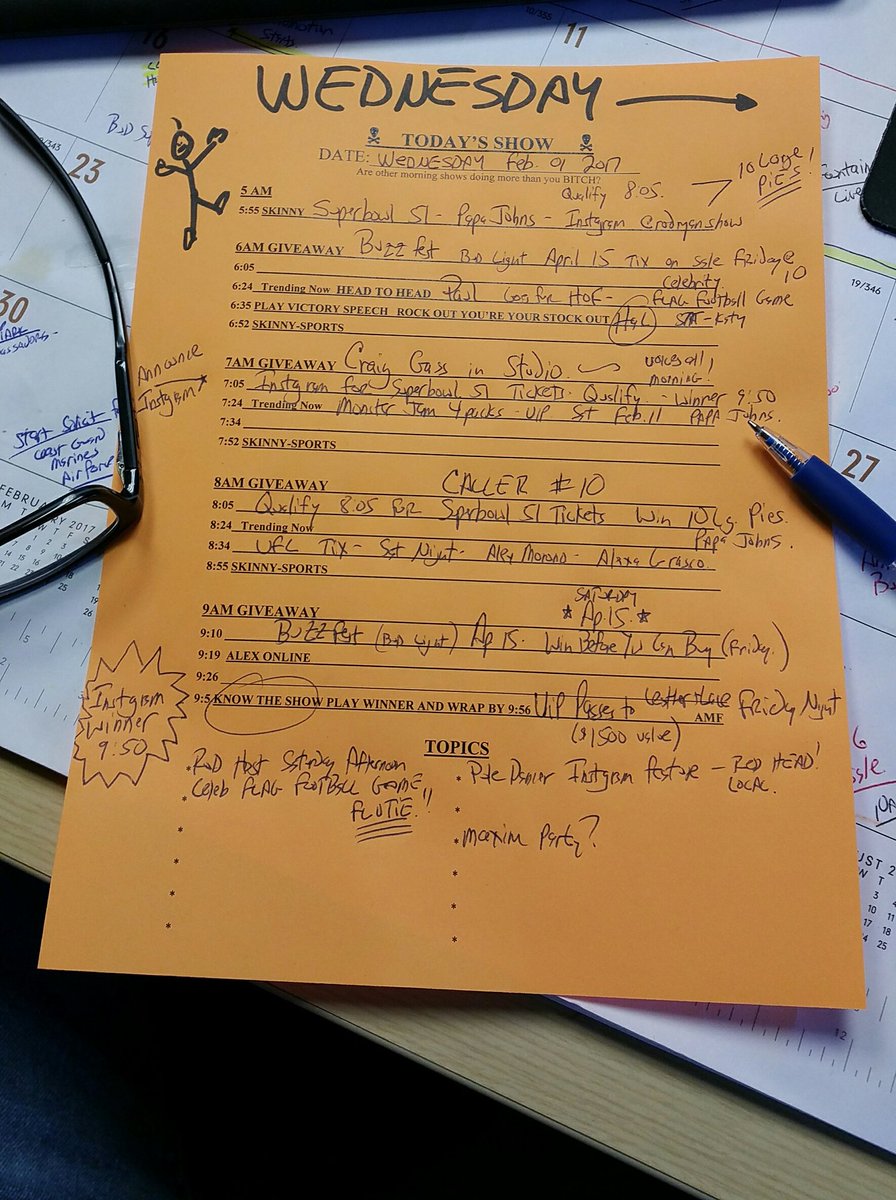 rodryanshow's tweet image. I&apos;ve been hand writing out the show like this for 17 years now. Here is what tomorrow looks like from 6 to 10.  #alwayshustling -Rod