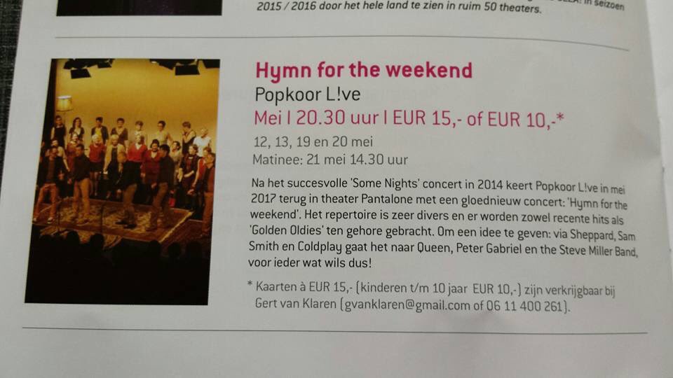 PopkoorLIVE's tweet photo. Kaartverkoop concerten 'Hymn for the weekend' gestart. 12, 13, 19, 20 en 21 mei @PantaloneNieuws. Meer info op https://t.co/489Yx8wR6T https://t.co/YMg8BTJuGX