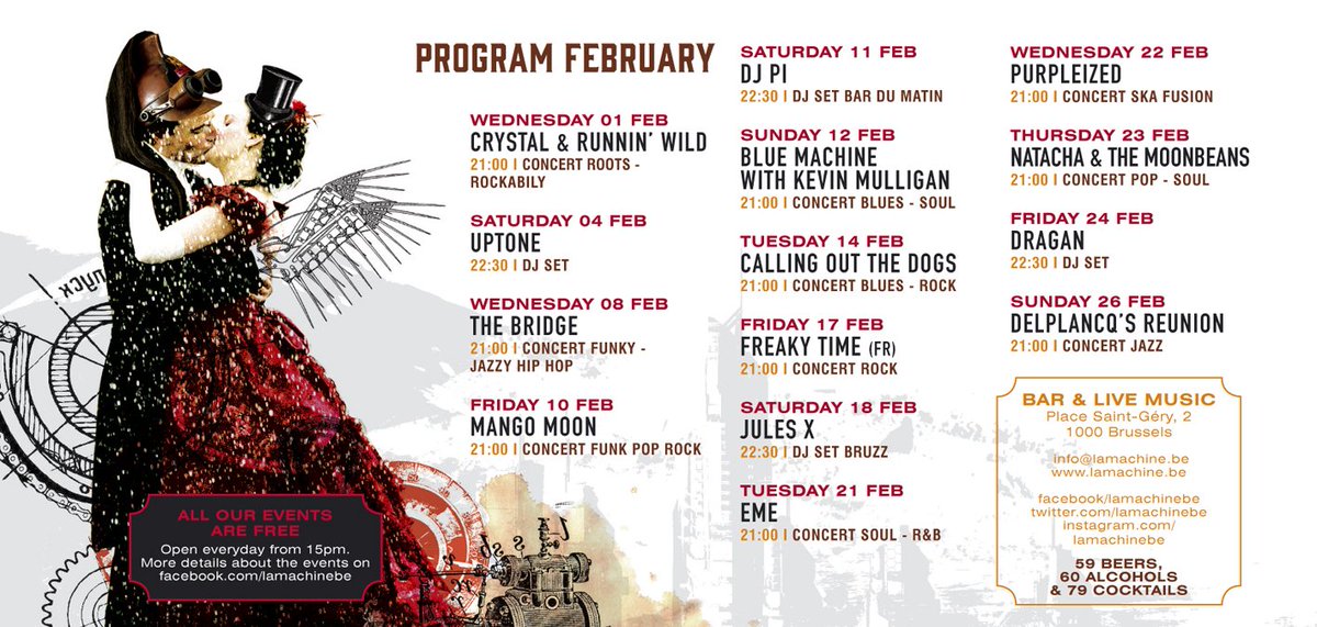lamachinebe's tweet photo. #livemusic #djset #concert #brussels #jazz #rock #soul #funk #nightlife #steampunk : Crazy February !!! https://t.co/uRe3oyeewr