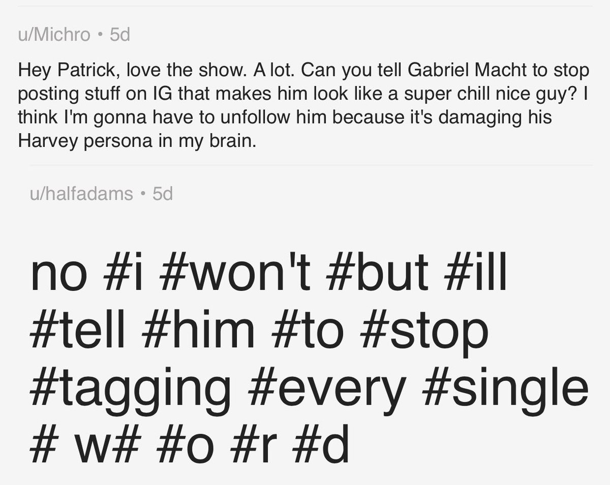 suitsindia's tweet photo. Patrick J.Adams @halfadams giving hilarious replies in his #Reddit QnA. This one's on #HarveySpecter @GabrielMacht 😂 #Suits @Suits_USA https://t.co/cNMjcyDS12