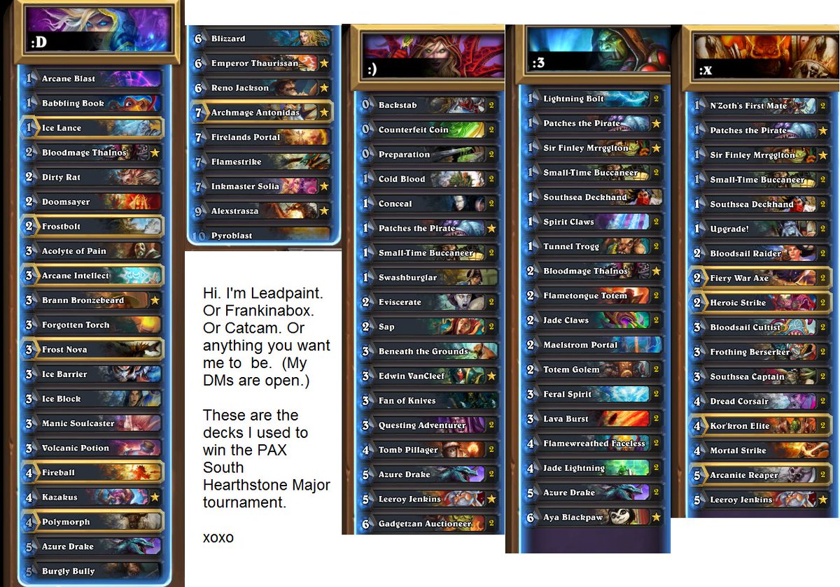 These are the decks I used to win the <a href="/geicogaming/">GEICOGaming</a> <a href="/ONOGesports/">One Nation of Gamers</a> PAX S. <a href="/PlayHearthstone/">Hearthstone</a> Major.  I'll answer questions and justify bad cards.