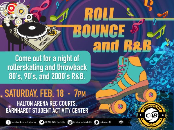 cabunccharlotte's tweet photo. CAB will have a table in the SU tomorrow from 1-3pm! Come and sign your waiver early for Roll Bounce and R&amp;B! And @TijuanaFlats from 3-5pm! https://t.co/wCNLKpLu9e