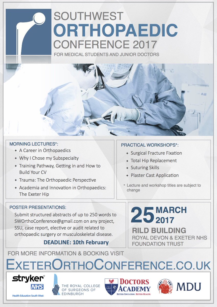 Join us for the South West Orthopaedic conference #swoc2017 on March 25th! Abstract submissions close on February 10th.