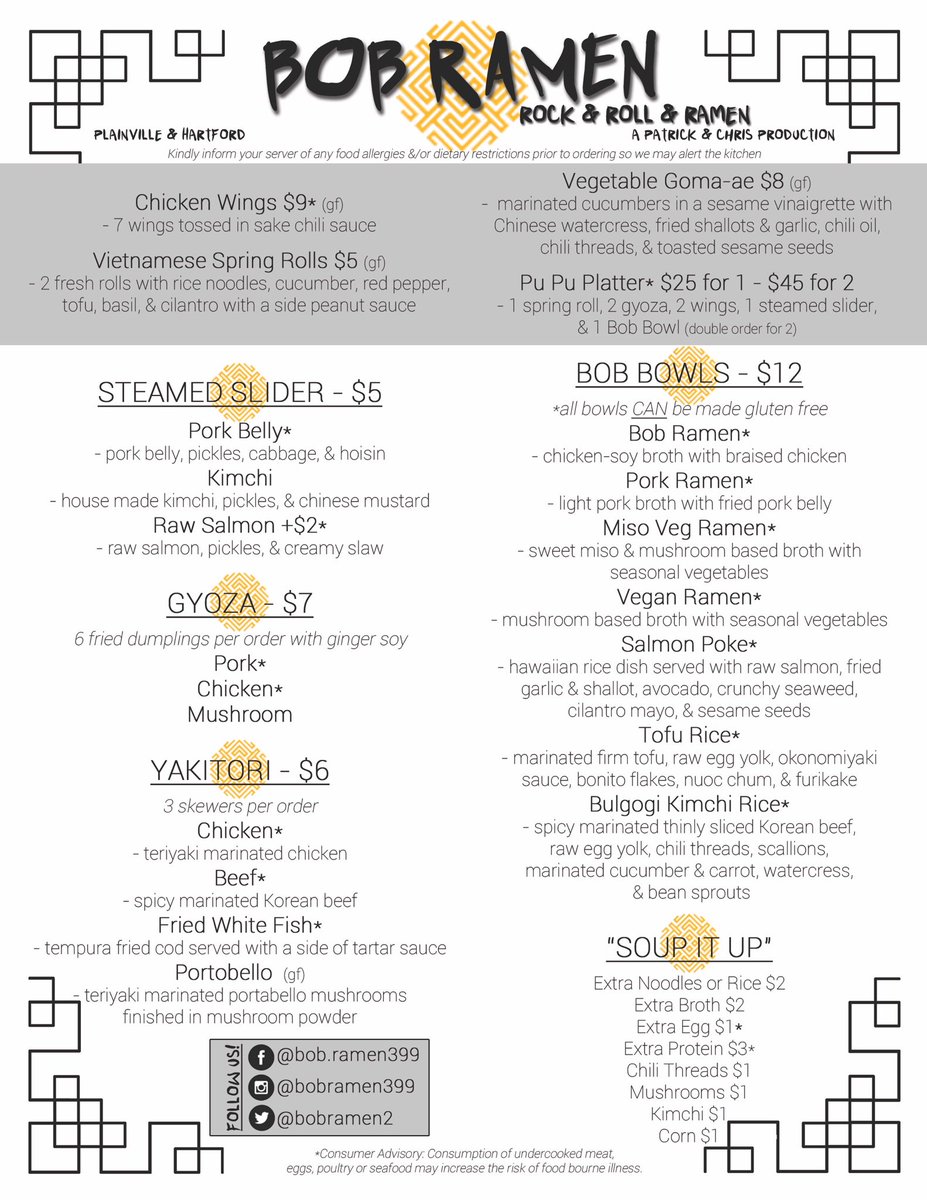 BobRamen2's tweet photo. Check out our #bobramenplainville menu. Did you know we offer take out. Perfect for this snowy #Connecticut day. #ctfood #localeats #ramen https://t.co/ia5wrVYIXd