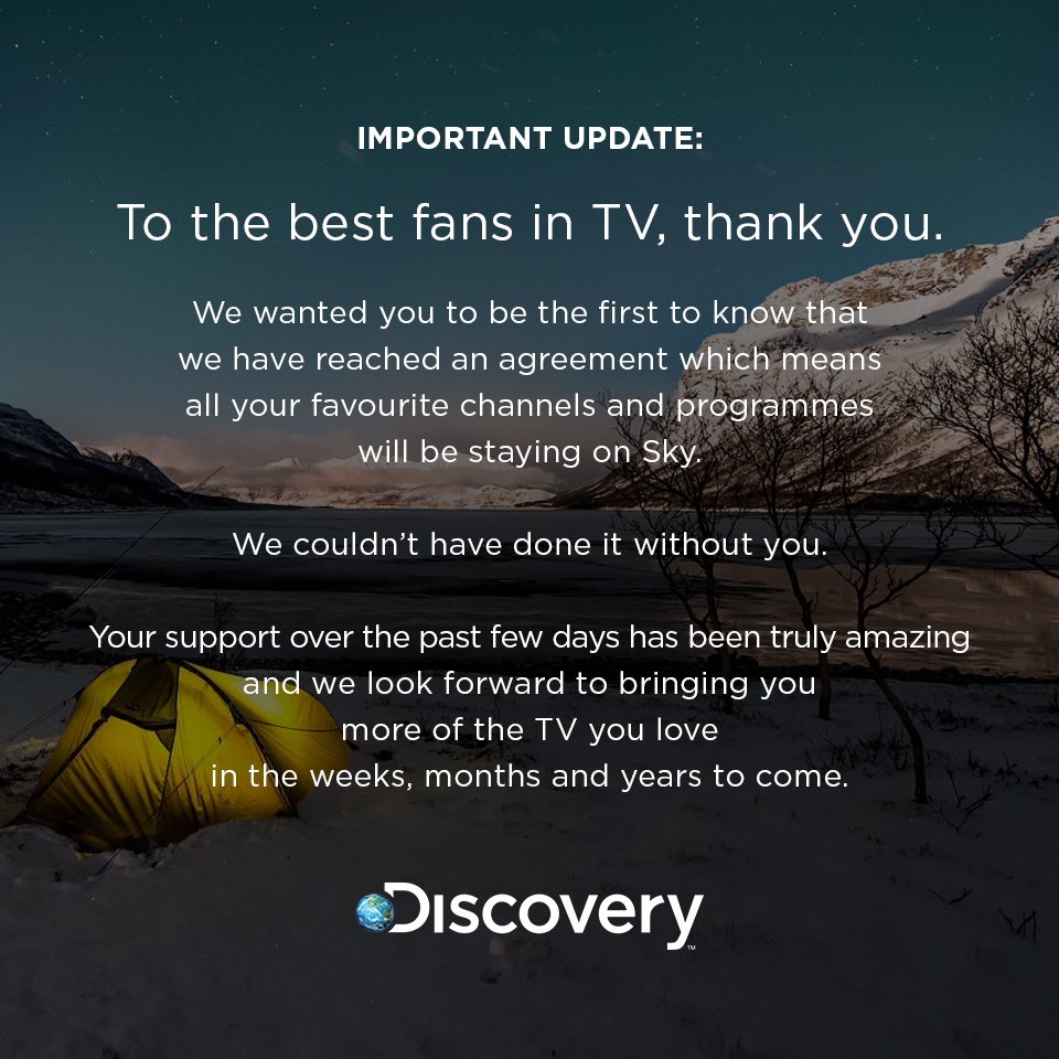 DiscoveryUK's tweet image. GOOD NEWS! All our channels are staying on Sky. We can’t thank you enough for your patience &amp;amp; support. Best fans in TV! #KeepDiscovery