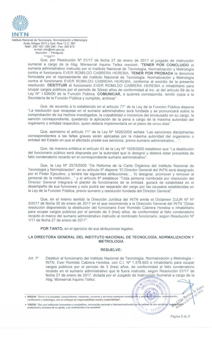 CEI_UNA's tweet photo. Resolución por la cual se destituye a Ever Romildo Cabrera como funcionario del INTN y se lo inhabilita a ocupar cargos públicos por 3 años. https://t.co/ZSQZ4Tkvf3