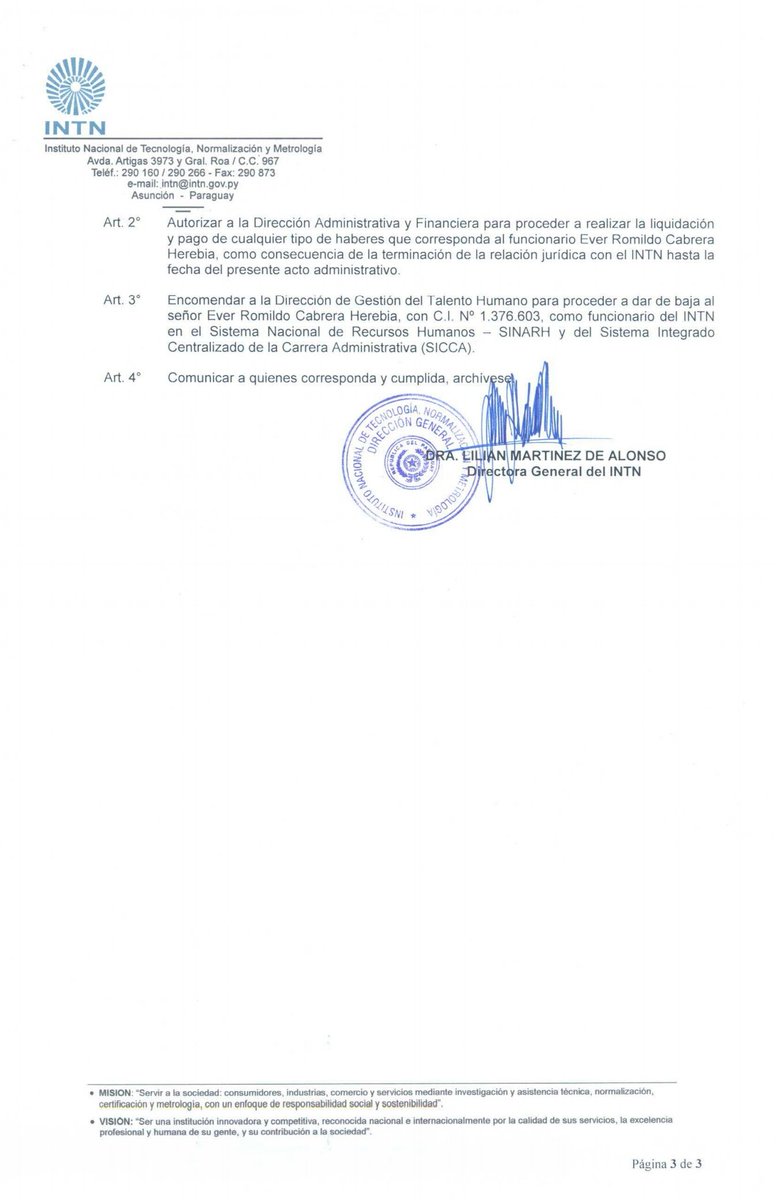 CEI_UNA's tweet photo. Resolución por la cual se destituye a Ever Romildo Cabrera como funcionario del INTN y se lo inhabilita a ocupar cargos públicos por 3 años. https://t.co/ZSQZ4Tkvf3
