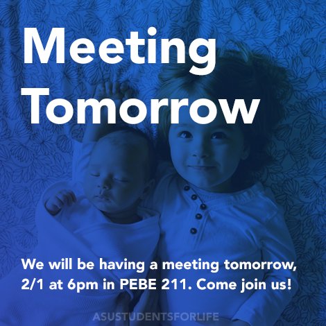 Hey everyone! We'll be having a meeting tomorrow, February 1st, at 6pm in PEBE 211. Note that this location is different than normal. :)