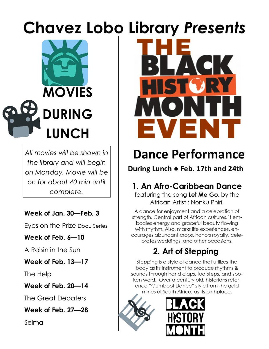 chsLOBOlibrary's tweet image. #BlackHistoryMonth Events hosted by #lobolibrary! 📚 #wearechavez #onlyatchavez 🤓 #readersunite #lobosunite #read #book #library ✊