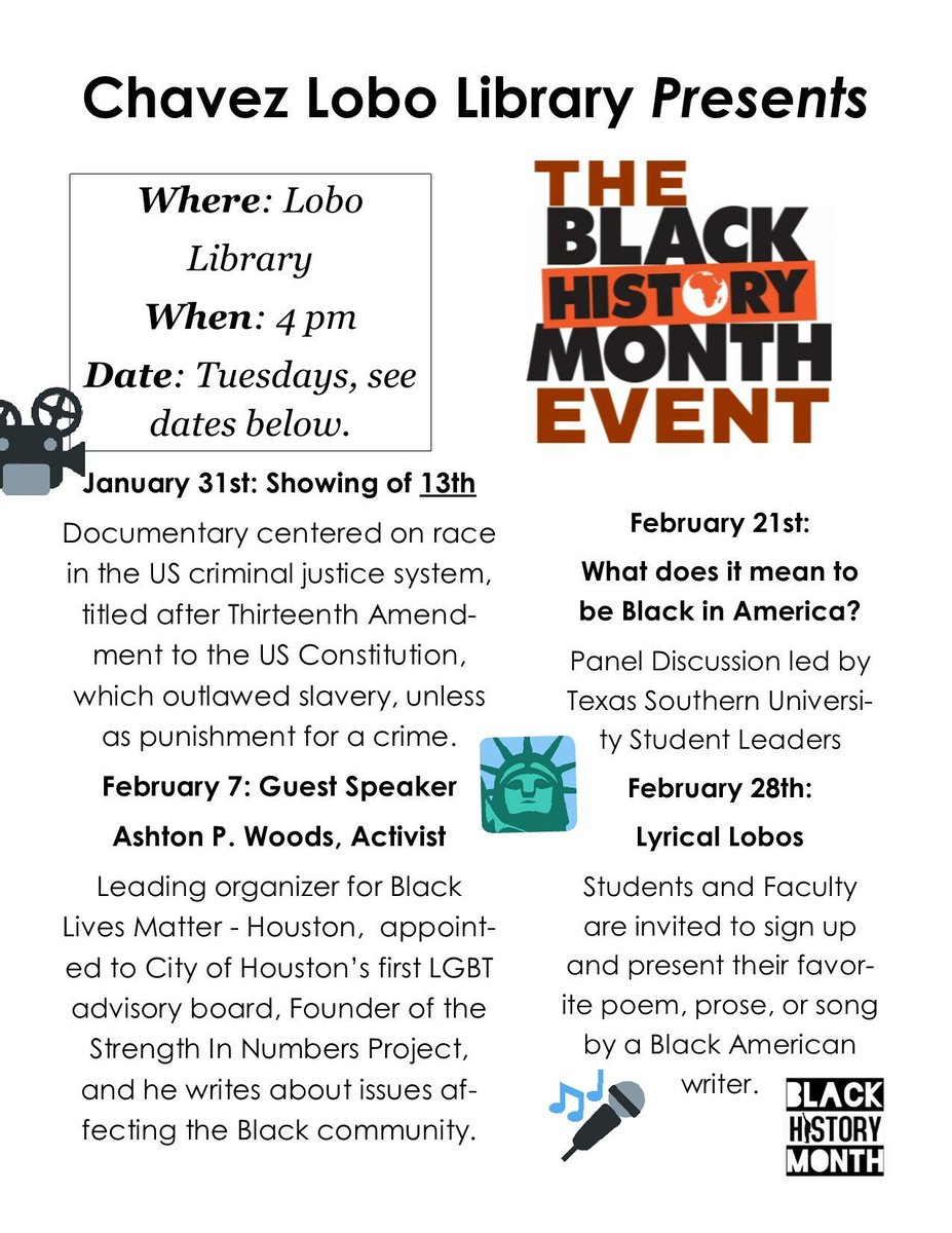 chsLOBOlibrary's tweet image. #BlackHistoryMonth Events hosted by #lobolibrary! 📚 #wearechavez #onlyatchavez 🤓 #readersunite #lobosunite #read #book #library ✊