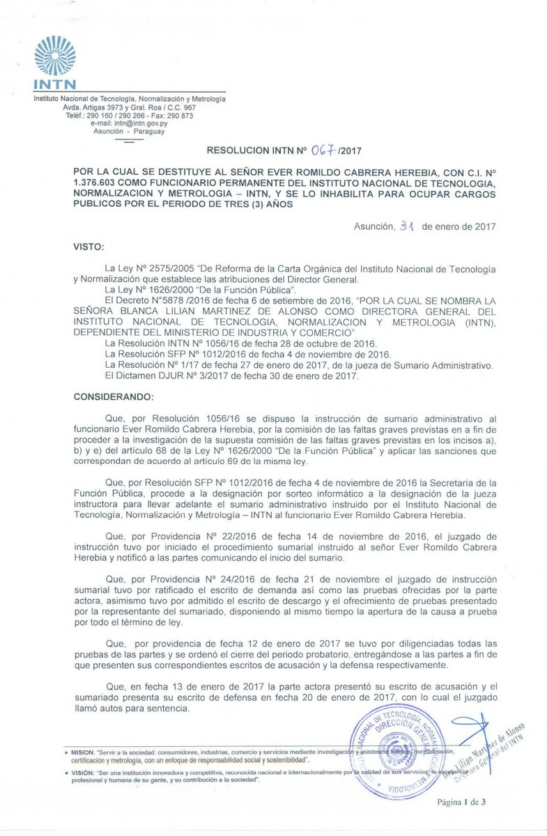 CEI_UNA's tweet photo. Resolución por la cual se destituye a Ever Romildo Cabrera como funcionario del INTN y se lo inhabilita a ocupar cargos públicos por 3 años. https://t.co/ZSQZ4Tkvf3