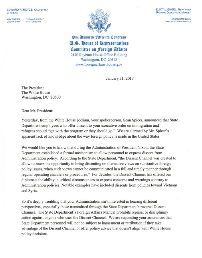 HouseForeign's tweet image. .@HFACDemocrats to @POTUS: Dissenting Diplomats Protected by Law: democrats-foreignaffairs.house.gov/news/press-rel…