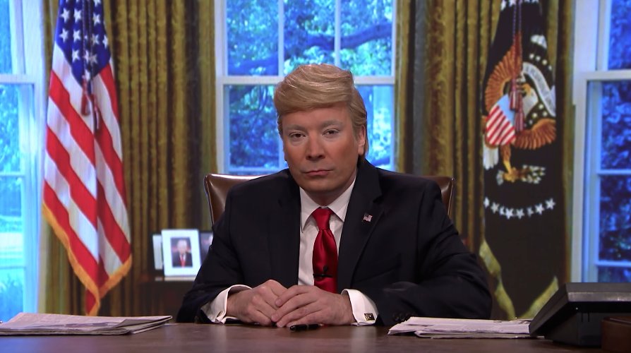 RollingStone's tweet photo. See Jimmy Fallon spoof Donald Trump's erratic executive orders on #FallonTonight https://t.co/YEgu1HejGb https://t.co/xnKqp8ruUX