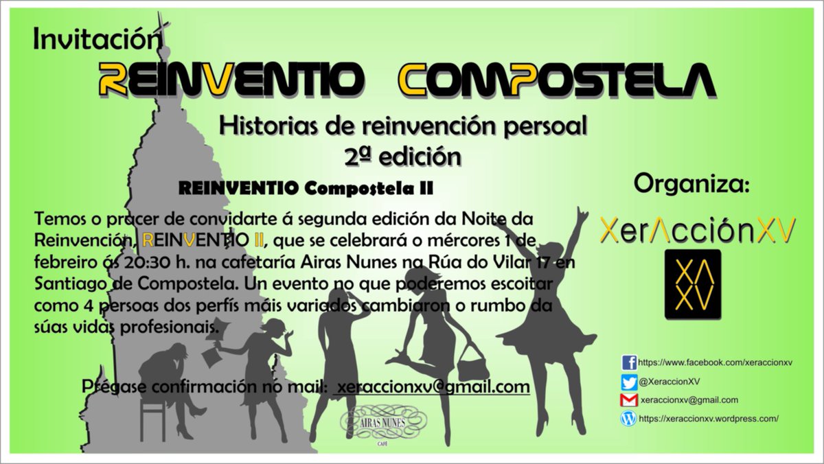 Lembrade mañá, ás 20:30 no café Airas Nunes, Reinventio Compostela, a noite da reinvención.<a href="/colaborastgo/">Colabora Santiago</a> <a href="/CERSIAEmpresa/">CERSIA Empresa</a> <a href="/Activadora_/">Activadora</a>
