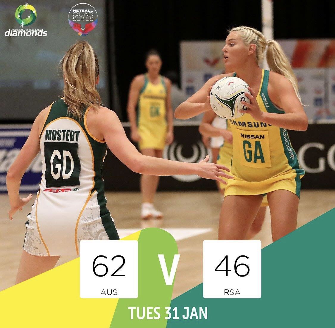 Congratulations <a href="/AussieDiamonds/">Origin Australian Diamonds</a> on win number two for the Quad Series. Bad luck ⚡ defender <a href="/karlamostert/">Karla Pretorius</a>. 
📸 Gallo Images / Getty Images.