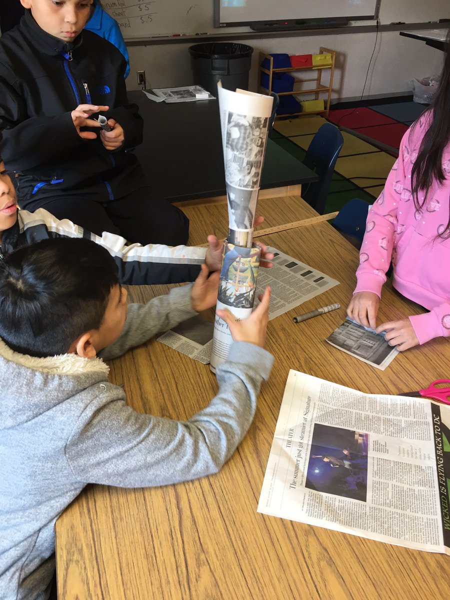 STEAM_HillDW's tweet photo. Mrs G.'s 5th graders attack newspaper tower challenge with limited supplies and time. #CameronESSTEAM #funtimes https://t.co/tmfScURbpk