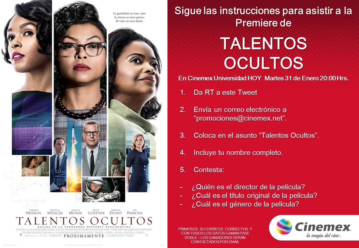 Cinemex's tweet photo. Sigue las instrucciones y podrás asistir a la premiere de #TalentosOcultos HOY 31/01/17 en #Cinemex Universidad a las 20:00 Hrs.

@FoxMexico https://t.co/TBDjaBzhqF