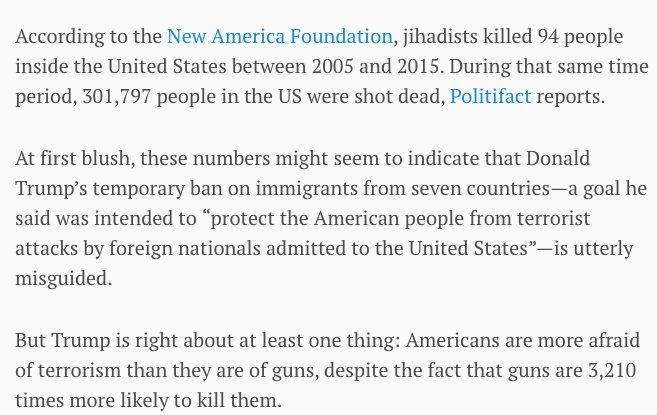 Ritholtz's tweet image. The psychology of why 94 deaths from terrorism are scarier than 301,797 deaths from guns qz.com/898207 via @qz