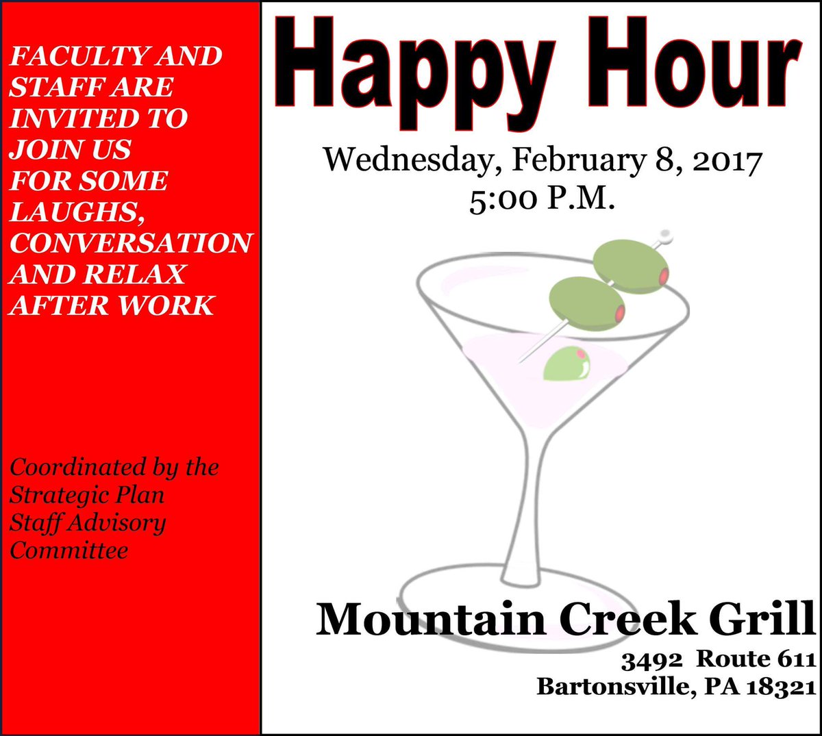 ESUadvisory's tweet photo. Join us at Mountain Creek Grill for a #HappyHour!!! 2/8 @ 5 PM. 👥🍸🍻 #ESU #ESUAdvisory #WhereWarriorsBelong! https://t.co/NxajhYWDio
