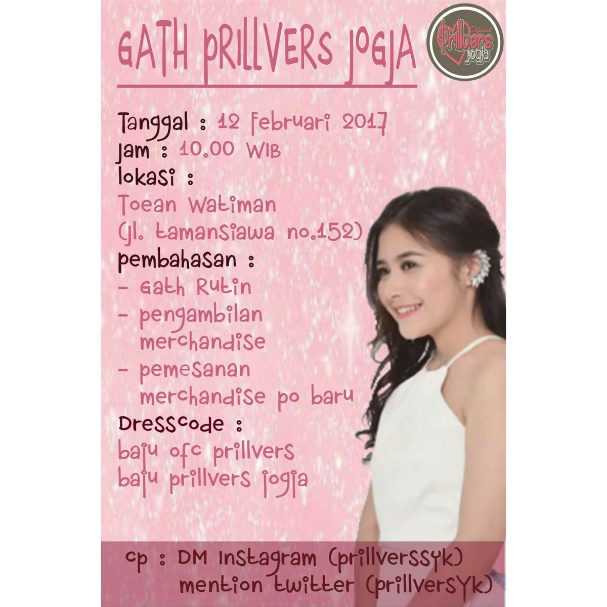 PrillversYK's tweet photo. Info Gath Prillvers Jogja bulan februari 2017. 
Ditunggu kadatangannya buat pv jogja dan yang mau gabung dengan prillvers jogja 😘 https://t.co/hvn4TDe7fc